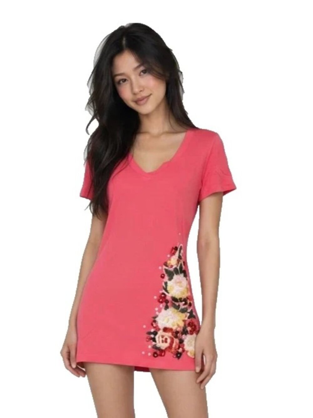 Johnny Was JW Los Angeles Pink Embroidered Short Sleeve V-Neck Top T-Shirt Small